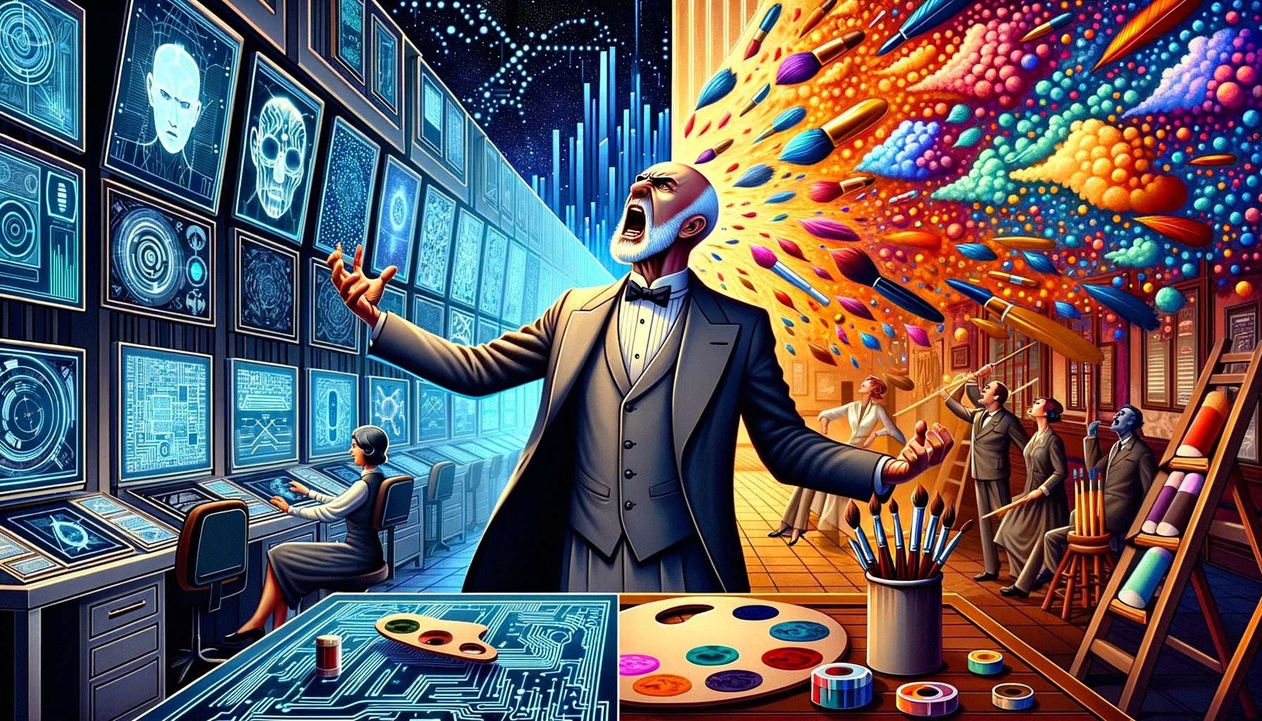 Illustration of a 1920s-themed office setting with guy frustrated between AI and Art